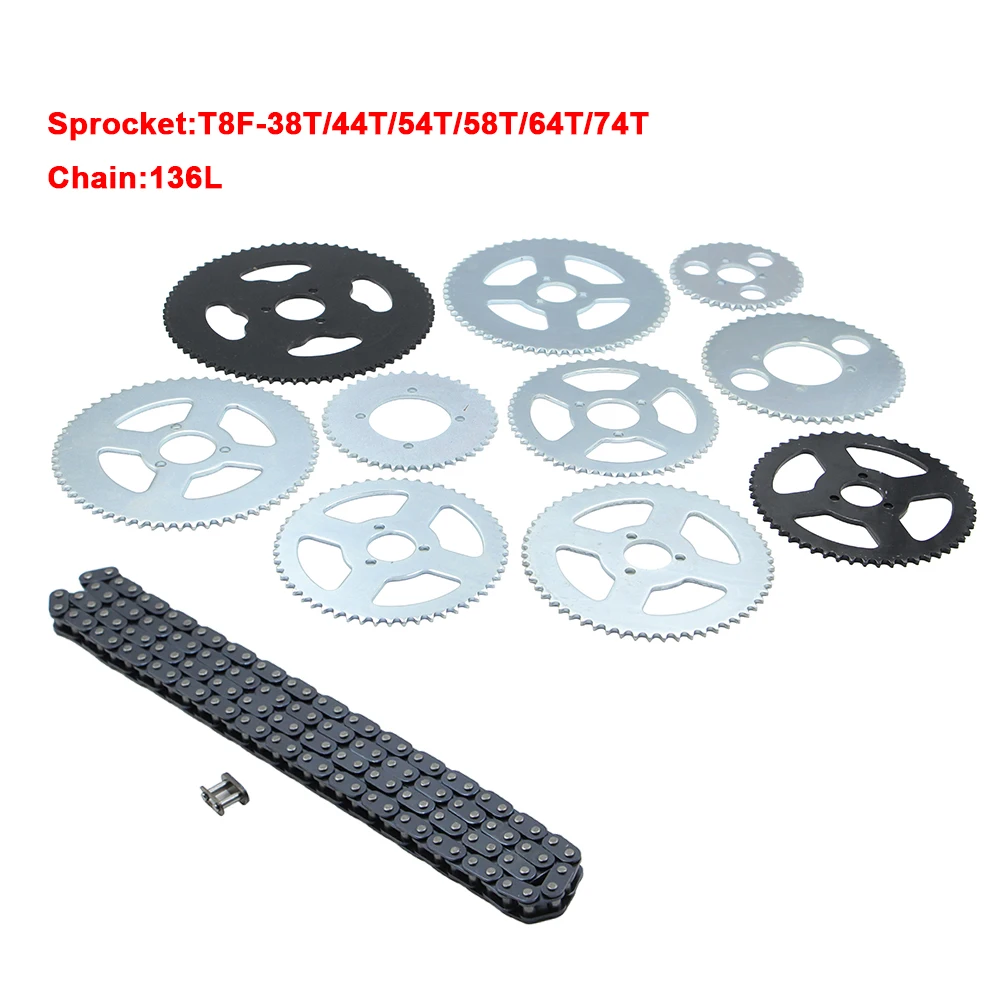Motorcycle T8F-38T/44T/54T/58T/64T/74T Rear Chain Sprocket T8F 136link chains For 47cc 49cc Pocket Bike Mini Moto Quad ATV