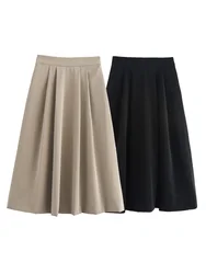 KAOPU ZA Women pleated midi skirt vintage high-waist back zipper female skirts mujer