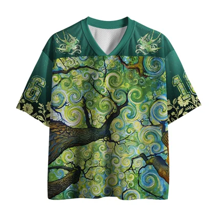 V Neck Mesh Jersey, Van Gogh Starry Tree Art Print Short Sleeve Loose Casual Streetwear Top