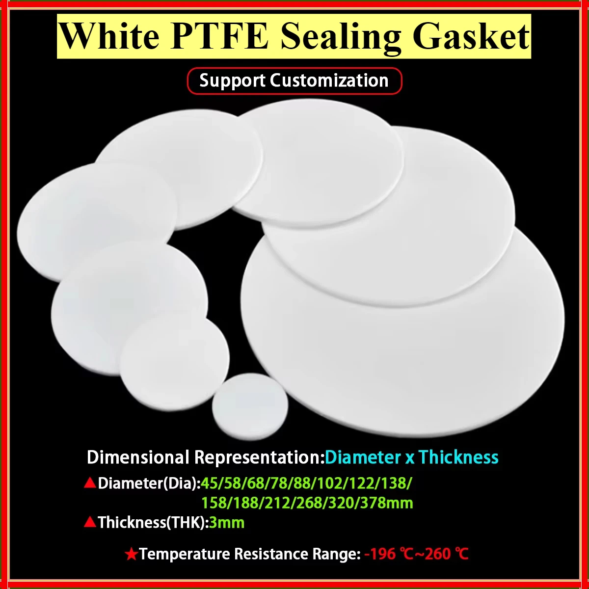 

White PTFE Sealing Gasket Polytetrafluoroethylene Circular Plate Sheet Anti-Corrosion Machining Materials Dia45-378mm Thk3mm