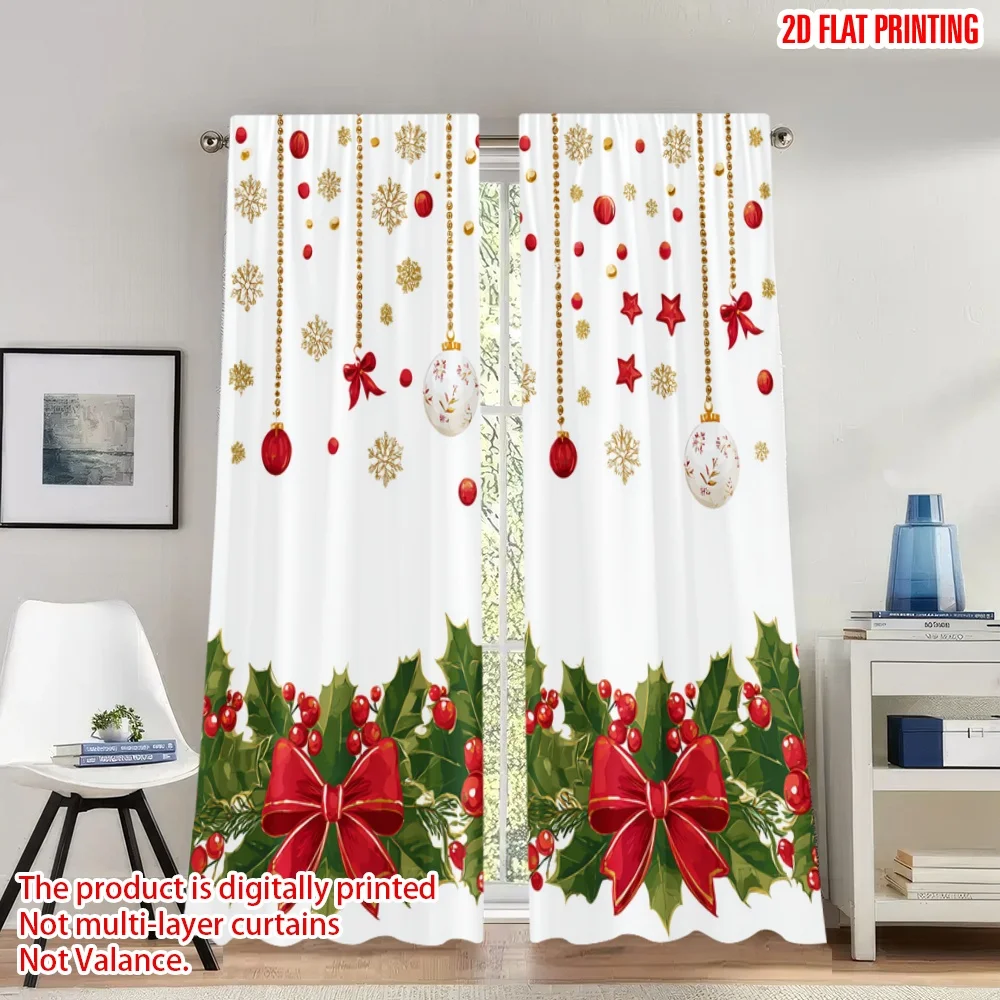

2pcs 2D flat printing Christmas Classic Hot Curtains Christmas Holly Berries Bows Digital Printed Polyester Drapes Spring for