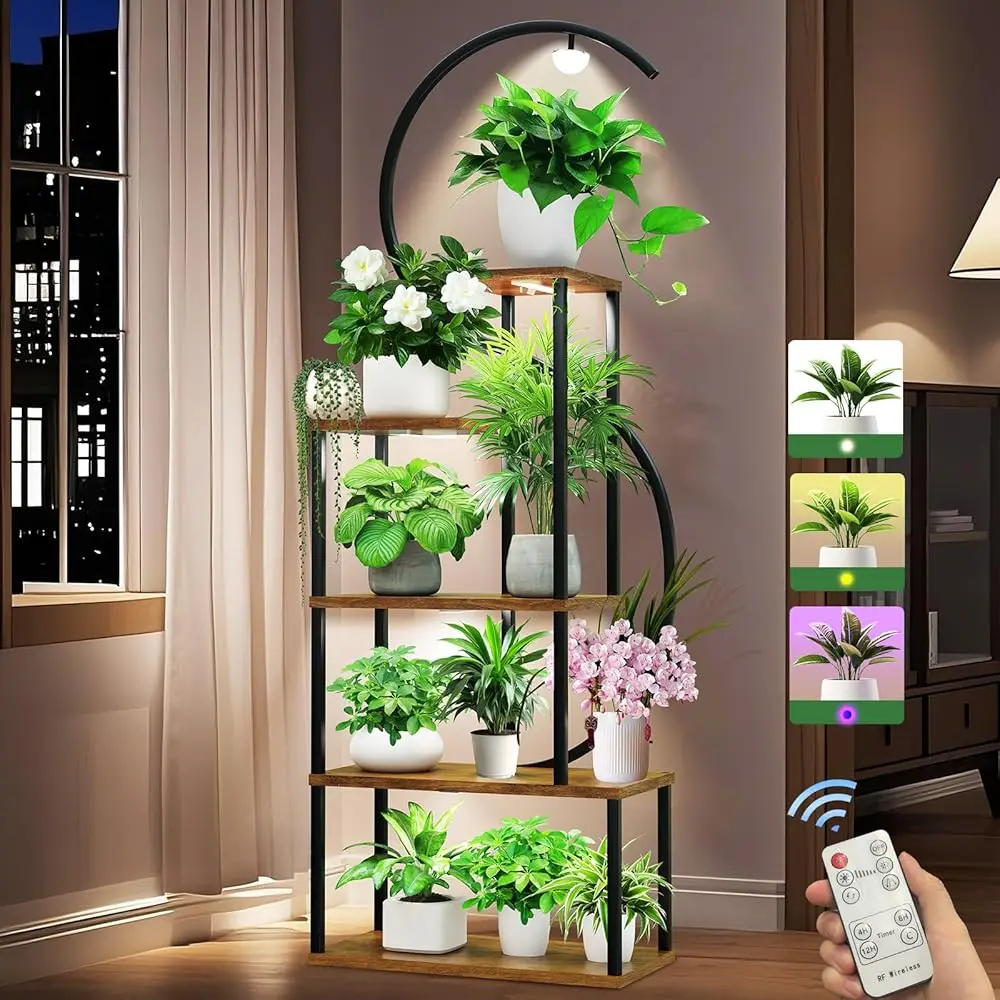 

Plant Stand Indoor With Grow Lights, 67"" Tall Metal Plant Stand With 5 Lights, Large Corner Shelf For Indoor Plants,
