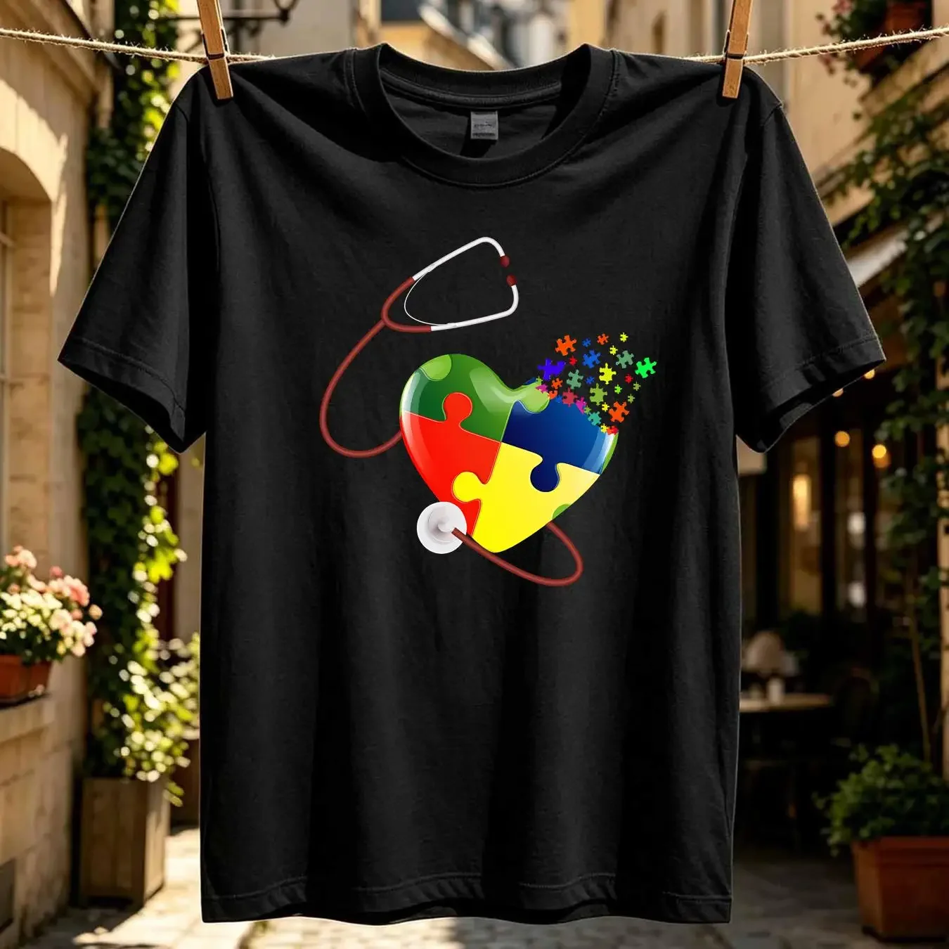 washed T Shirt Funny Nurse Autism Puzzle Stethoscope Heart Awareness S 5XL vintage Washed Top For Everyday Wear Casual