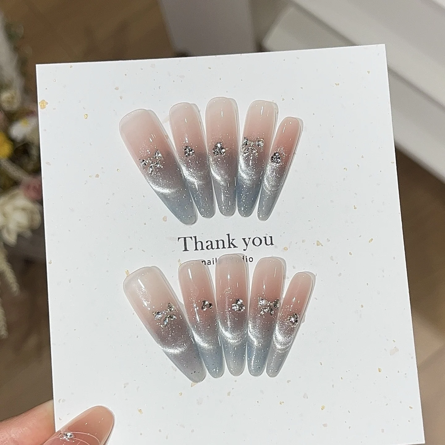 

10Pcs Handmade Press on Nails Shiny Gradient Cat Eye French False Nail Tips Wearable Glitter Art Long Almond Head Fake Nails