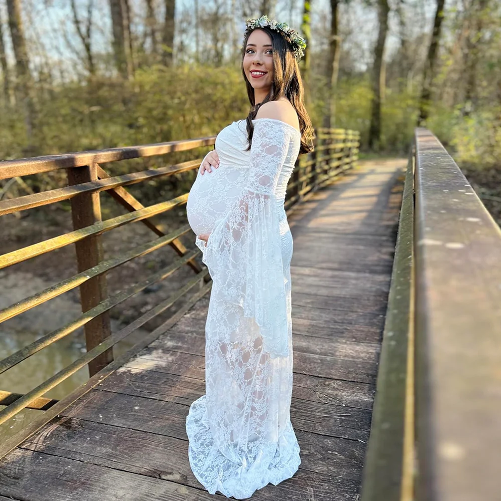 Maternity Photoshoot Outfit Lace Bell Sleeves Off Shoulder Gown Pregnant Women Dresses For Photography Baby Shower