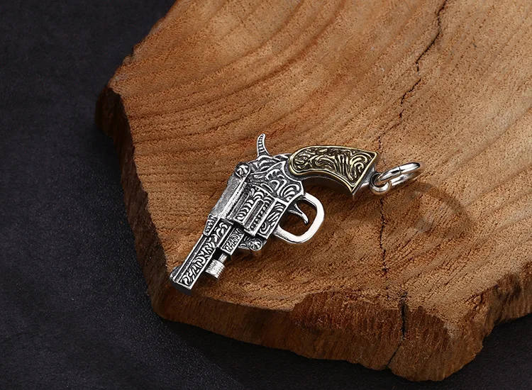 Pendentif revolver exquis et dominateur en argent regardé 925, argent thaïlandais, vintage rétro, vente en gros