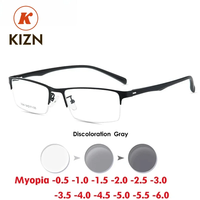 

KIZN Half Frame Men Business Myopia Prescription Glasses Alloy Photochromic Anti Blue Ray Shortsighted Eyewear -0.5 TO -10