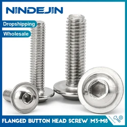 NINDEJIN Flange Button Socket Head Cap Screw M2 M3 M4 M5 M6 M8 M10 Stainless Steel Round Head with pad Hexagon Socket Screw Bolt