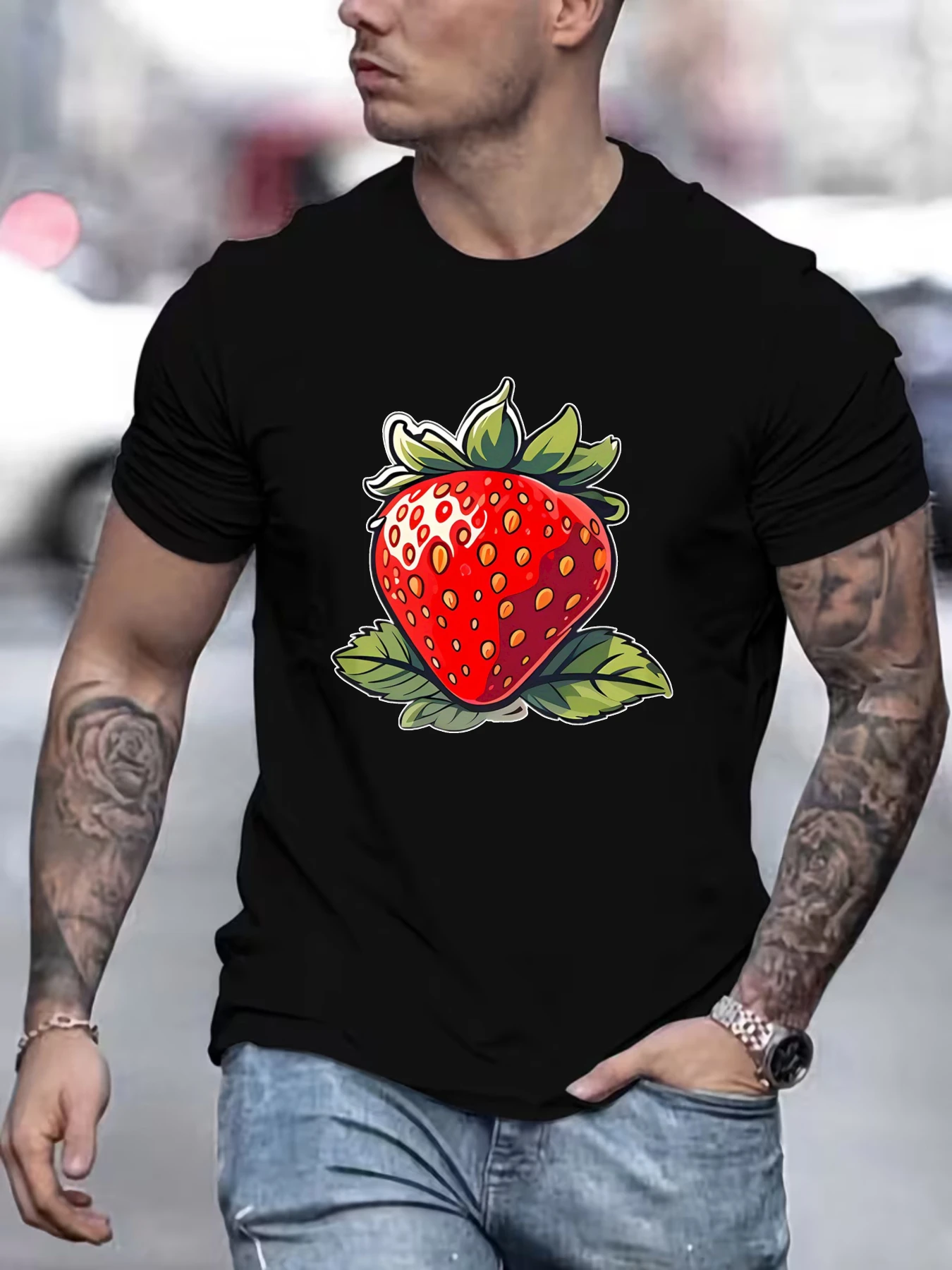 Men Cartoon Strawberry Fruit Cotton T Shirt Crew Neck Fresh Berry Print Male Summer Short Sleeve Daily Casual Streetwear Tops