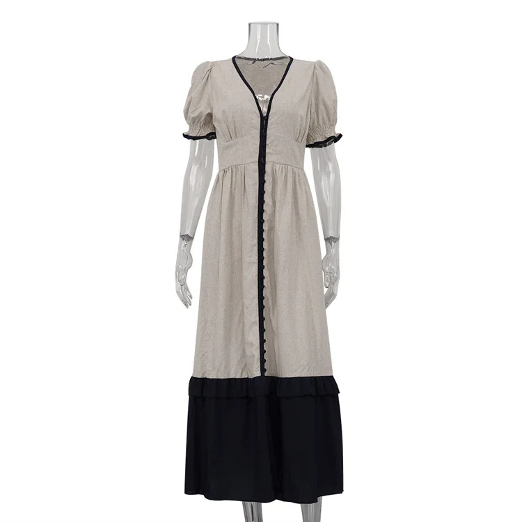 2025 New Linen Contrast Cardigan Dress Design Sense Ruffle Sleeve Temperament Waist Slit Long Skirt