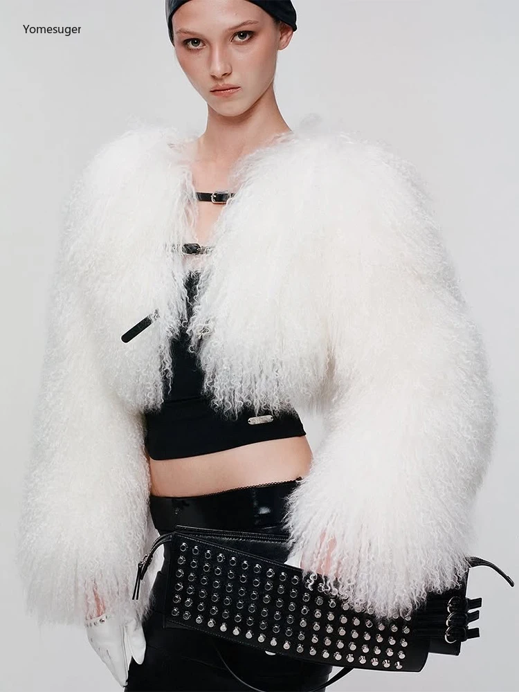 Yomesugar الشتاء مثير فروي سترة المرأة أنيقة حزام مشبك معطف سميك فاخر دافئ مفتوح طوق المحاصيل معاطف الحفلات كلوبوير #3