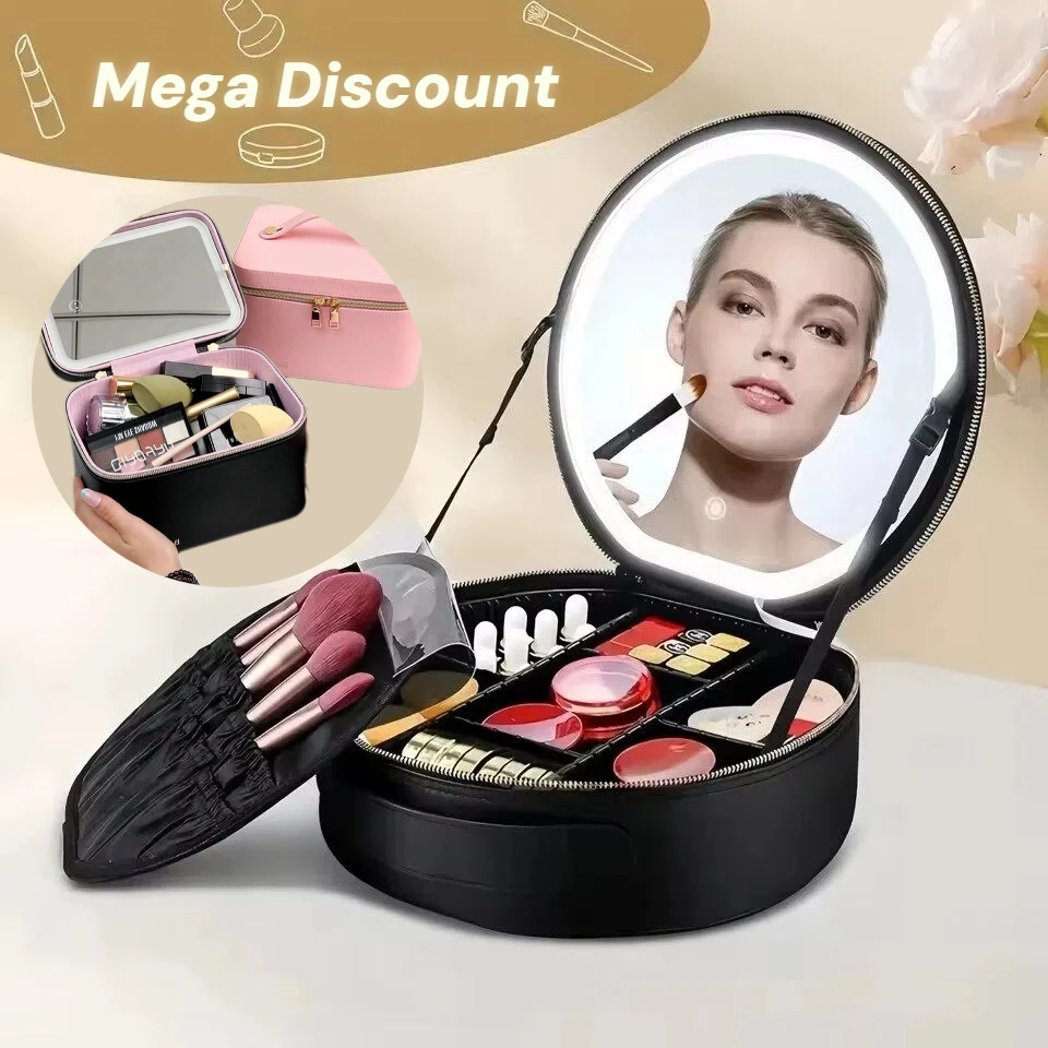 

Portable Handheld PU Makeup Bag With LED Mirror Portable Cosmetic Case Rechargeable Travel Female Beauty Skincare Product Case