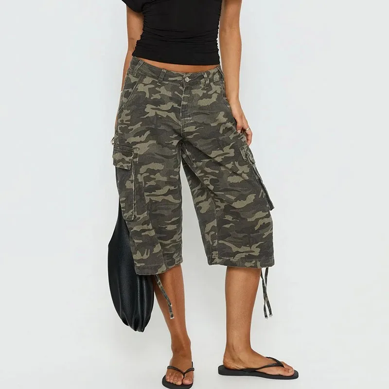 Summer Retro Camouflage Cargo Shorts for Women American Style Fashion Multi Pockets Knee Length Jeans Streetwear Loose Fit Short