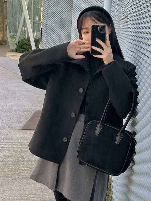 Korean Sle Winter Faion High Collar Briti Sle Loose Versatile Single Button Woolen Jaet Coat Women's Clothing