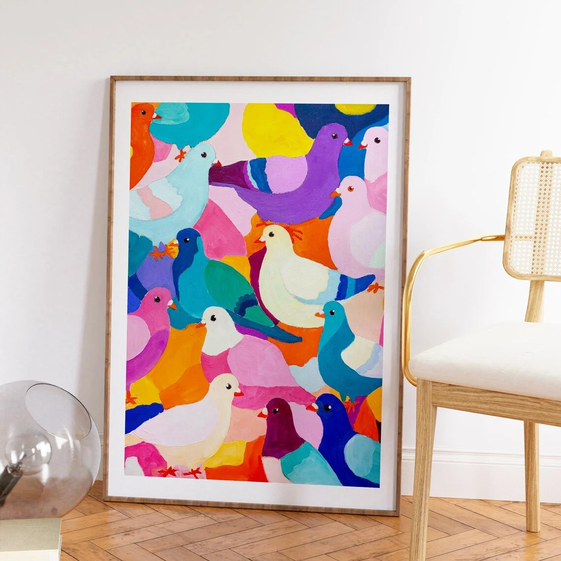 Pigeon Party Fine Art Print | Dopamine Decor Oil Painting | Vibrant Bird Wall Art | Quirky Colourful Fun Framed Art Print | Rain