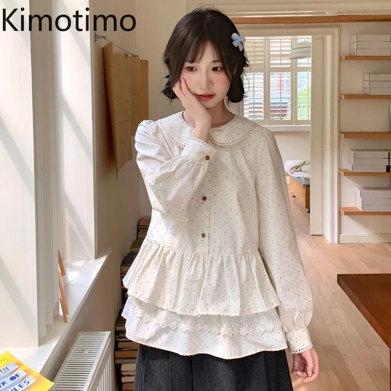 Kimotimo Sweet Polka Dot Long Sleeve Shirt Women Japanese Kawaii Peter Pan Collar Button Up Blouse 2026 New Ruffle Fashion Tops