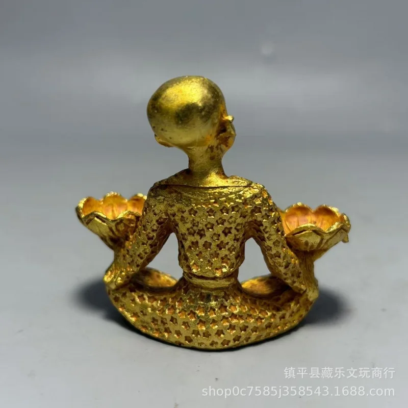 Antique Little Monk Figurine With Tray, Kneeling In Meditation , Arhat Lotus Candle Stand, Incense Holder, Cr