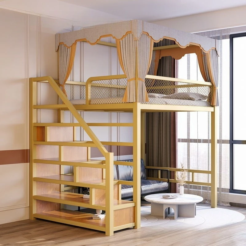 

Small apartment wrought iron high and low iron frame bed empty ladder cabinet household duplex second floor bed pavilion