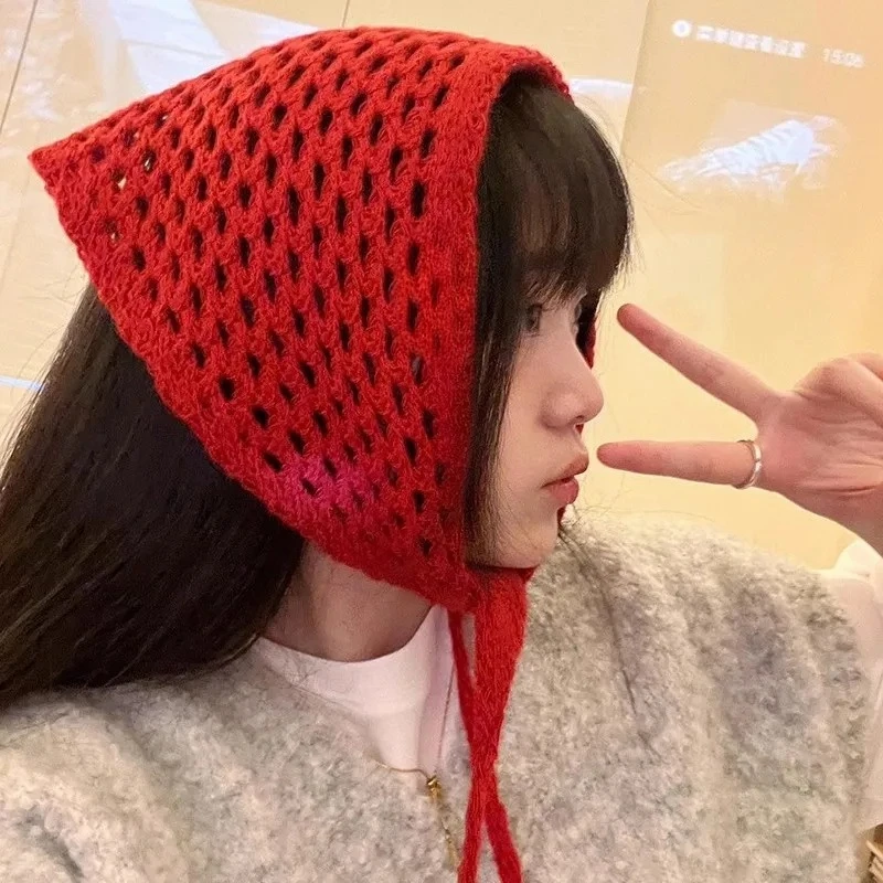 

Korean Simple Handmade Crochet Headscarf Women's Spring and Autumn Breathable Fashion Hollow Lace-up Triangular Towel