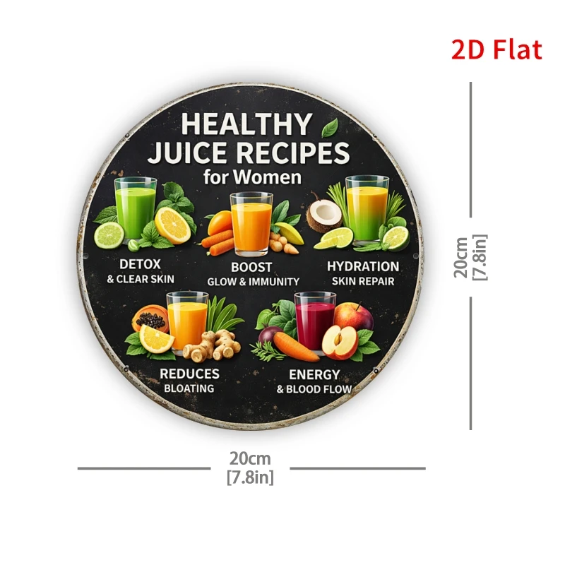 2D Flat, [2Dfalt] 1pc 7.87x7.87inch- Round Aluminum Sign Healthy Juice Recipes Decorative Sign, Women's Wellness Metal Art Sign,