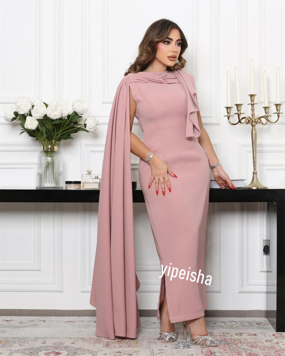 Jiayigong-Robe de Rhen satin de haute qualité, zone de plis, ligne A, col haut, sur mesure, robes mi-longues, occasion