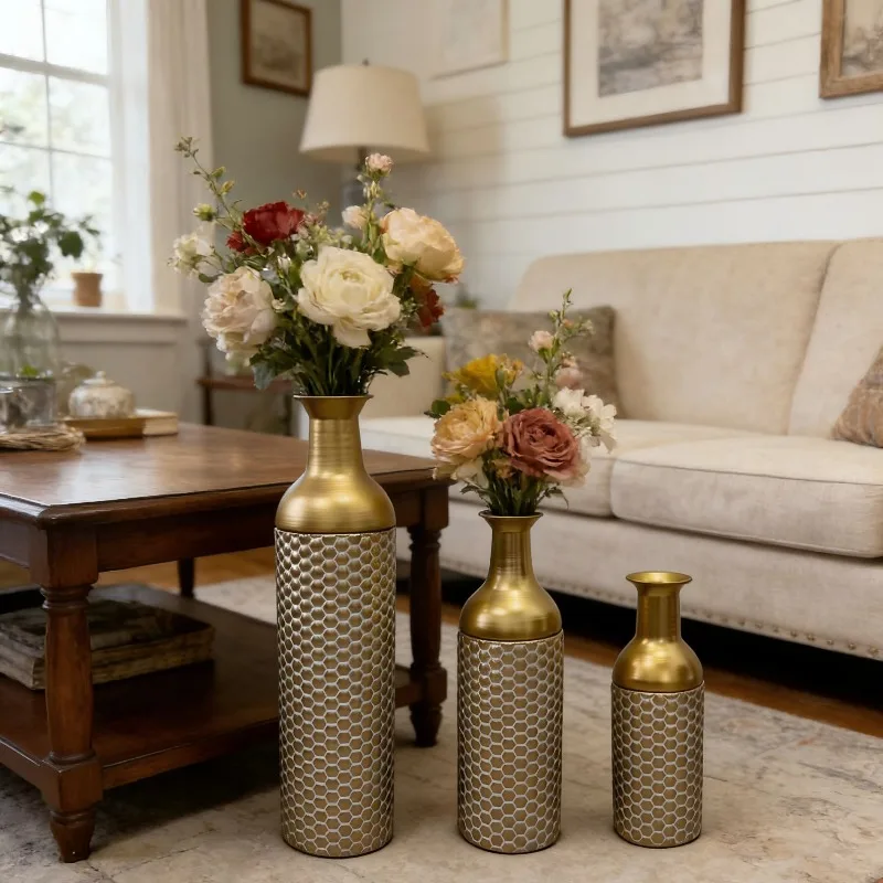 Golden honeycomb pattern vase three-piece set, living room entrance hotel decorative ornament c