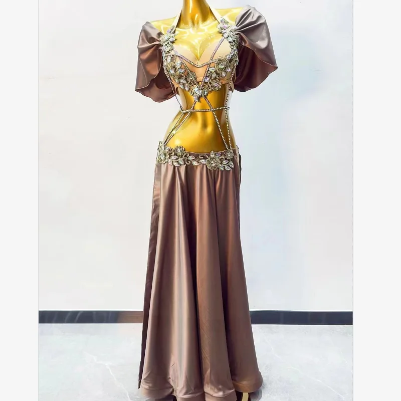 Oosterse Dansvoorstelling Kostuums Buikdanskostuum Dames Maatwerk Senior AB Stenen BH + Sexy Split Lange Rok 2 stuks