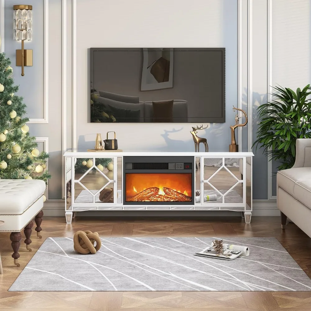 Electric Fireplace TV Stand,  with 7 Colors Changing 3D Realistic Flame, Entertainment Center with 2 Storage Cabinets