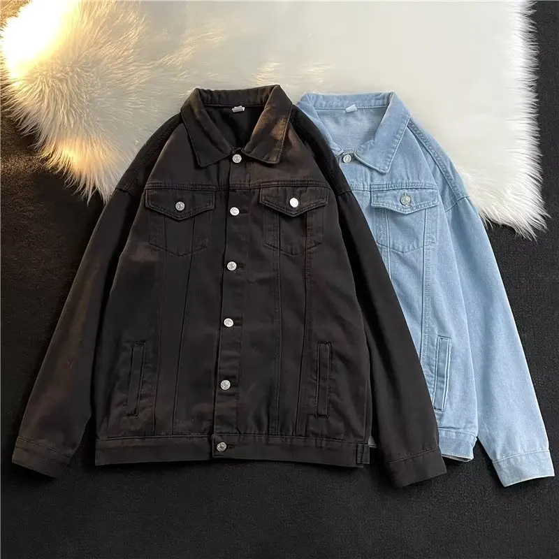 

Осенний большой размер 300, простой джинсовый джинсовый джинсовый тюнер с гонконгским вкусом, ретро-топ с квадратным воротником для пары INS