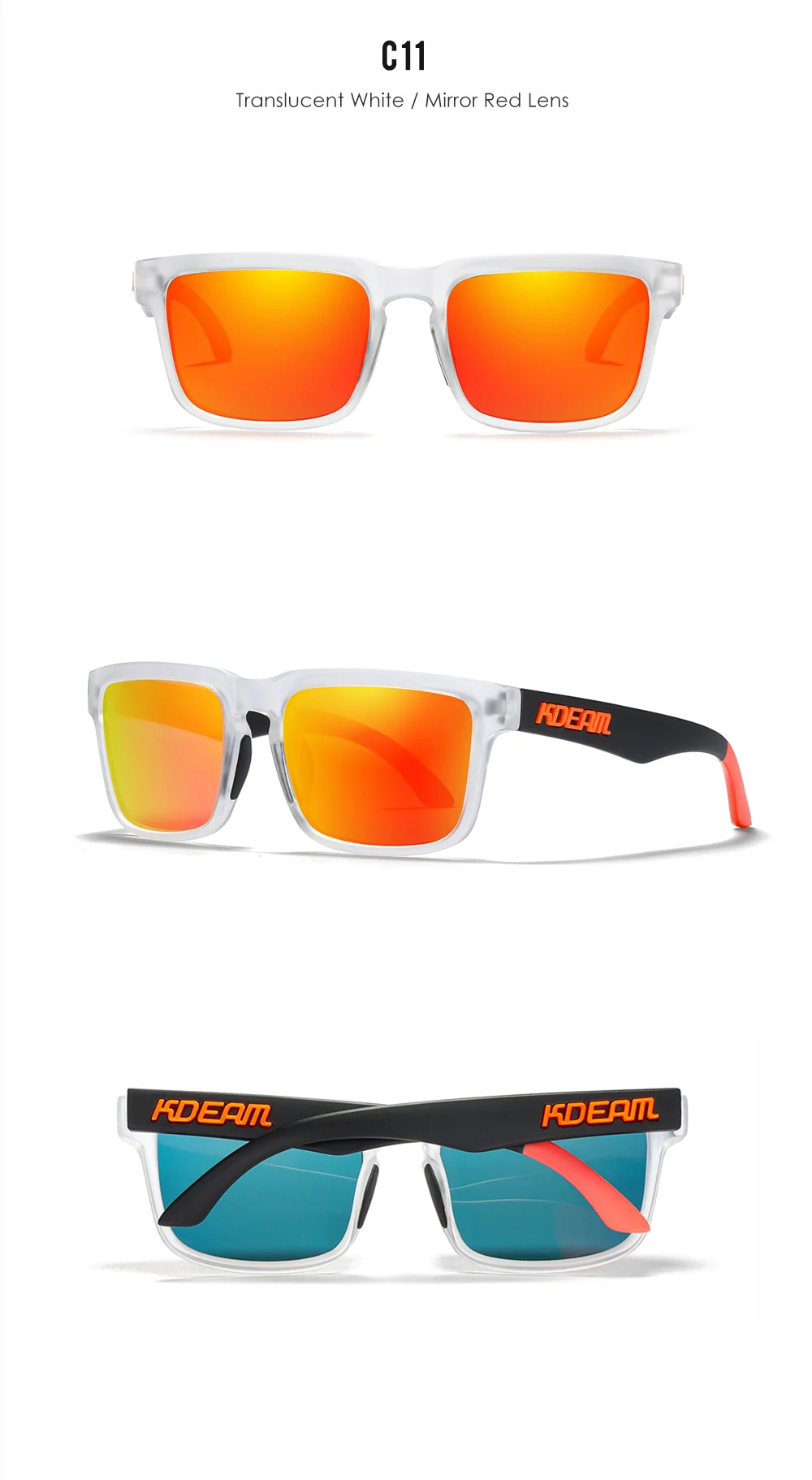 Neue hochwertige quadratische Sonnenbrille für Herren der Marke KDEAM, farbige Sport-Polarisations-Sonnenbrille mit reflektierender Beschichtung und verspiegelten Gläsern – Detail 28