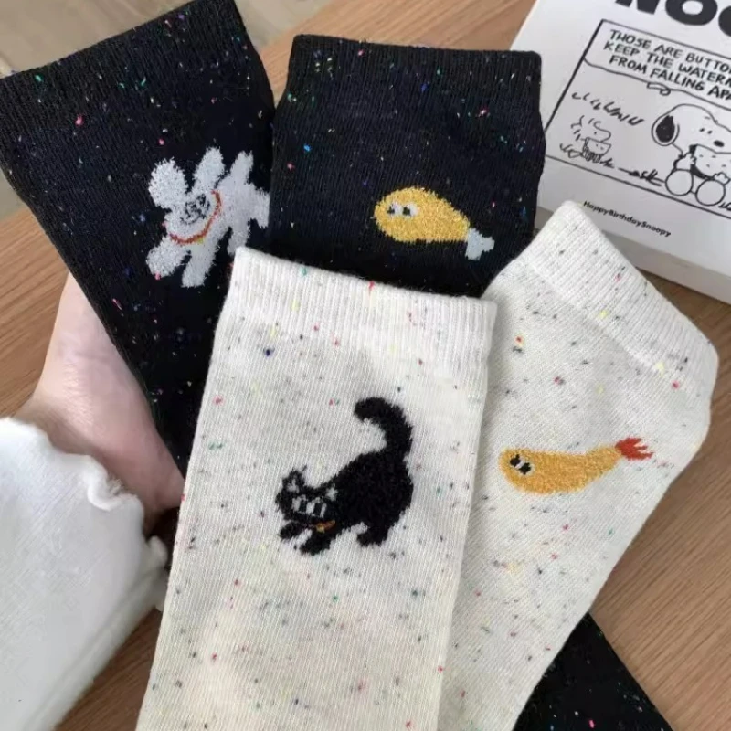 Cartoon Vintage Dot Socks for Women Cat Fish Socks Cute Cartoon Cat Fish Pattern Middle Tube Socks Soft Thermal Warm Crew Sock