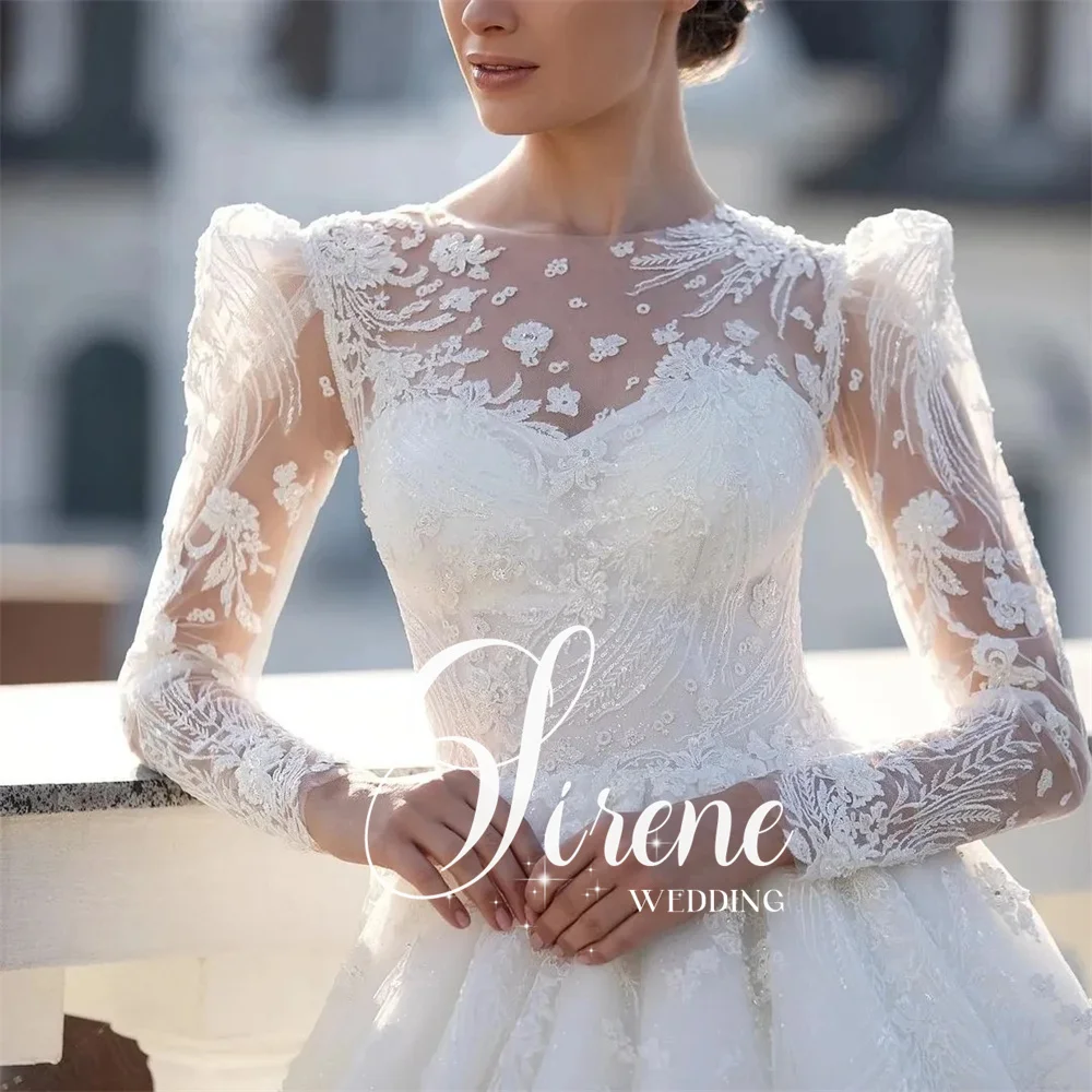 Sirene Modern Fluffy Wedding Dresses For Women Lace Applique Bridal Ball Gowns Elegant Long Sleeves A-line Beach Princess 2024