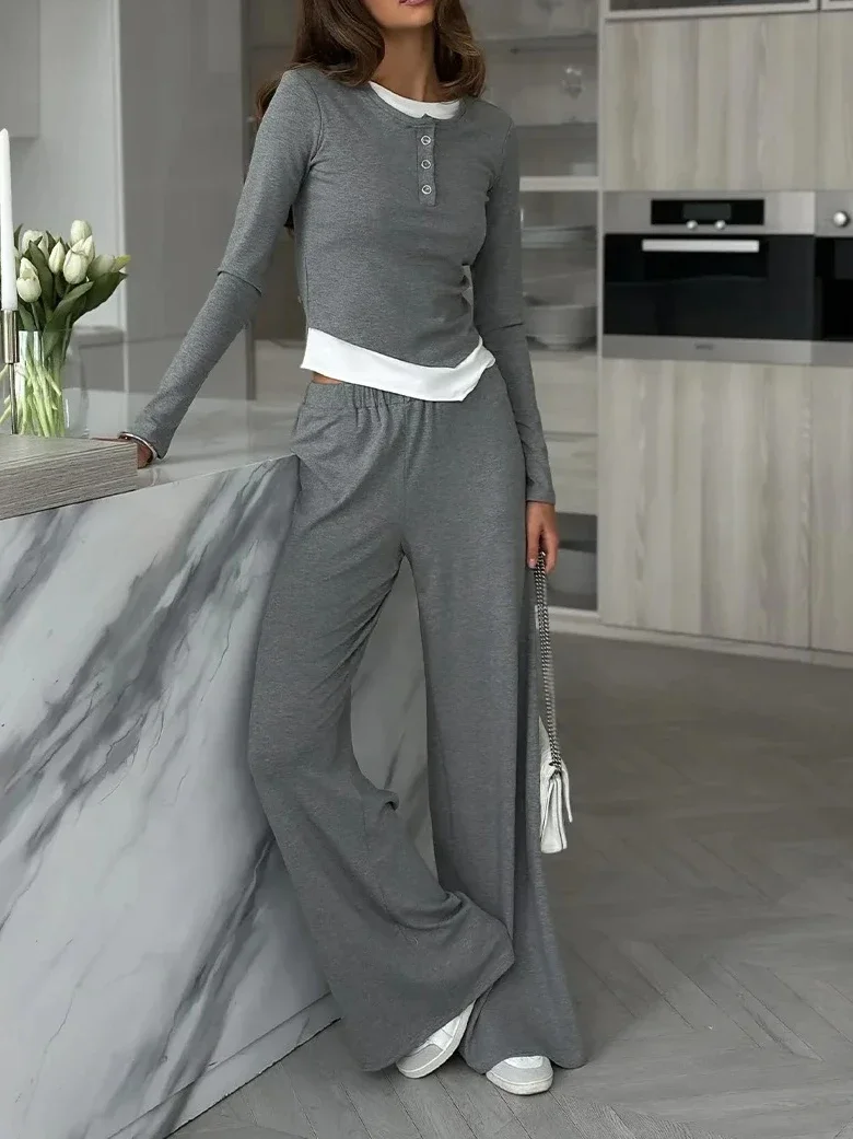 

Yaminiya Casual Sports Suit with Fake Two-piece Long Sleeved Top and Straight Leg Pants Two-piece Set Household Clothes Pajamas