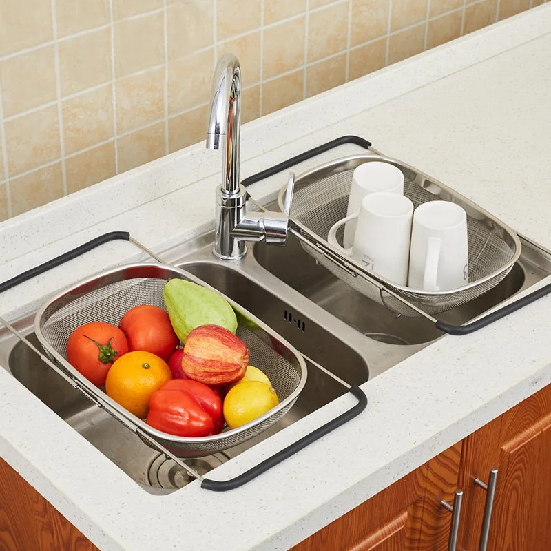 

Adjustable Stainless Steel Kitchen Colander Vegetable Fruit Washer Basket With Drain Rack Multi Purpose Strainer