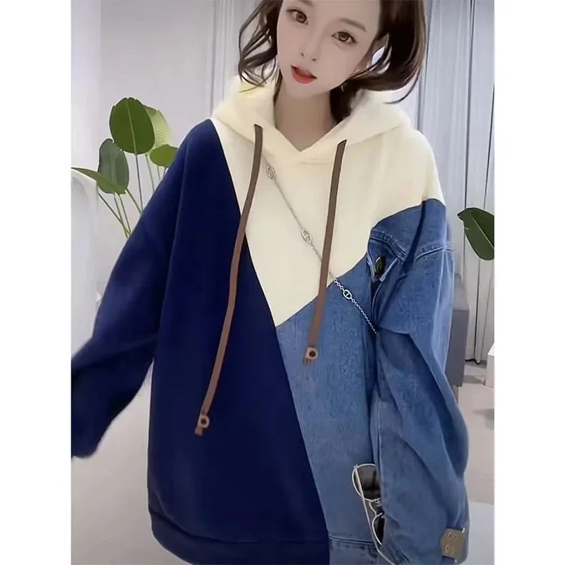 Korean Women High-end Large Size 4XL Hoodies Spring Female Hooded Sweatshirt Coat Autumn Lady Color Blocking Sports Shirt Jacket