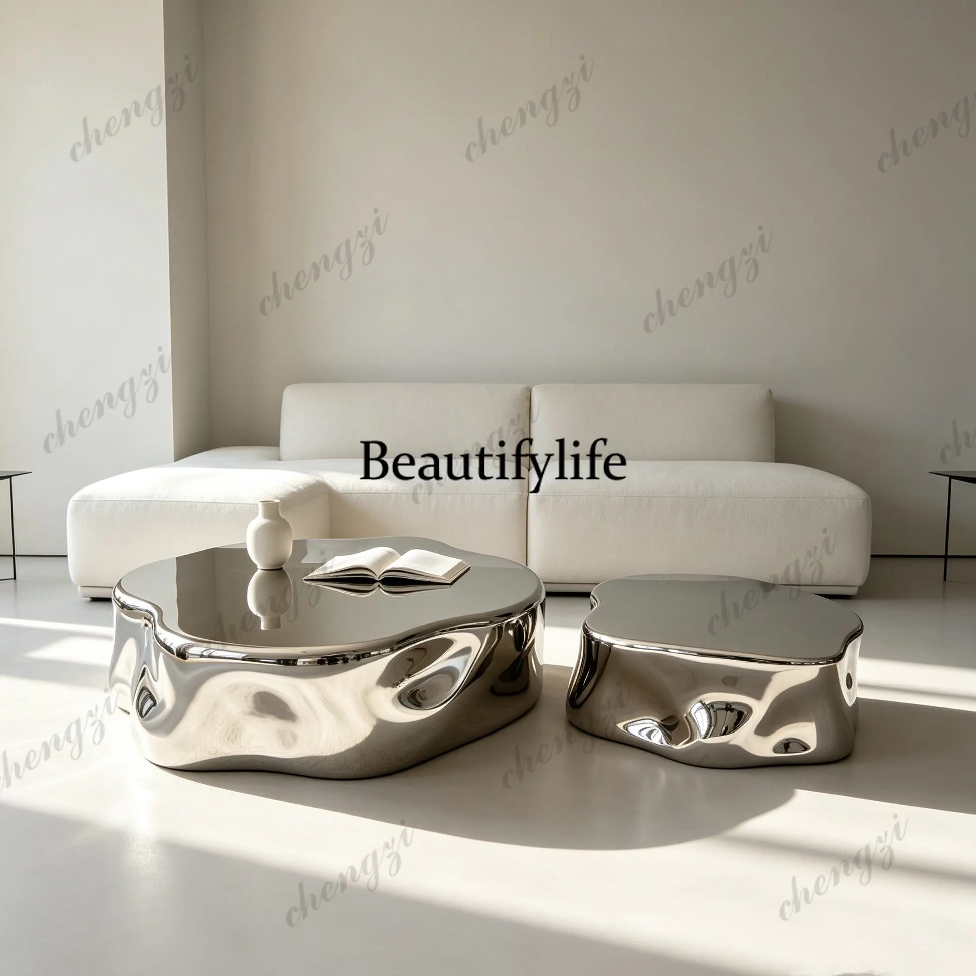 Modern simple special-shaped FRP electroplating coffee table Modern minimalist living room size combination mirror coffee table