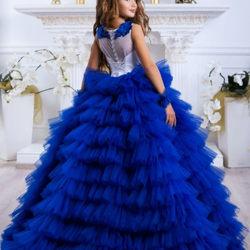 Royal Blue Flower Girl Dress Sleeveless Tiers Ruffles Little Girl Wedding Birthday Party First Communion Holiday Dress