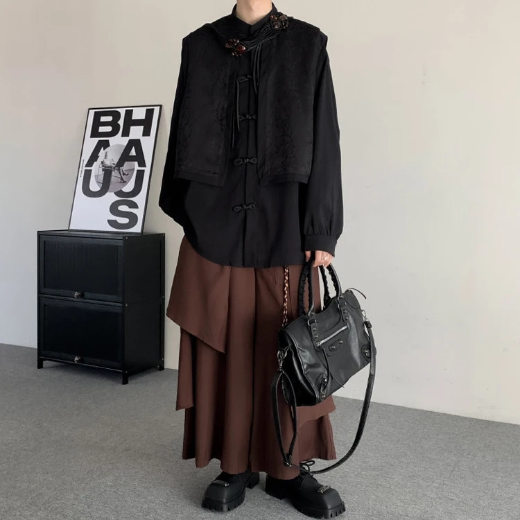 

New Chinese Sle Men's irt Set Fake Two-Piece Embroidered Retro Button Tang Hanfu Small Skirt Pants Whole Set Outfit