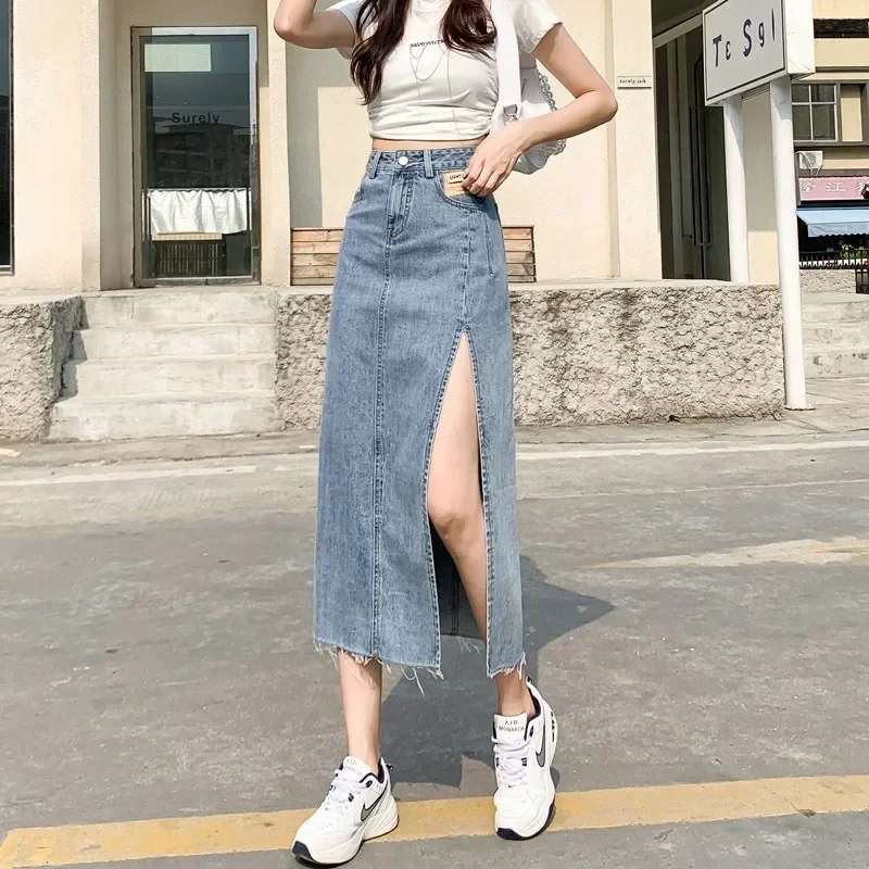 Jeans Skirt Women Denim Long Skirts Summer 2025 Vintage Maxi Skirts Side Split Denim Skirt Women Long Korean Midi Skirt Y2k