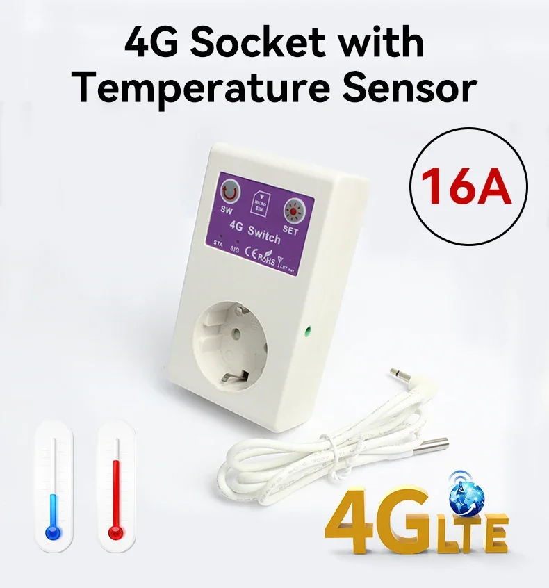 4G SIM card control OFF/ON socket 16A SMS Smart Power Socket Outlet Controller Plug Intelligent with Temperature Sensor