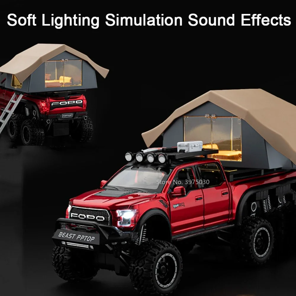 1:24 Raptor F150 Alloy Diecast Toys Cars Miniature Models with Sound Light Camping RV Wheel Pull Back Vehicle Boys Birthday Gift