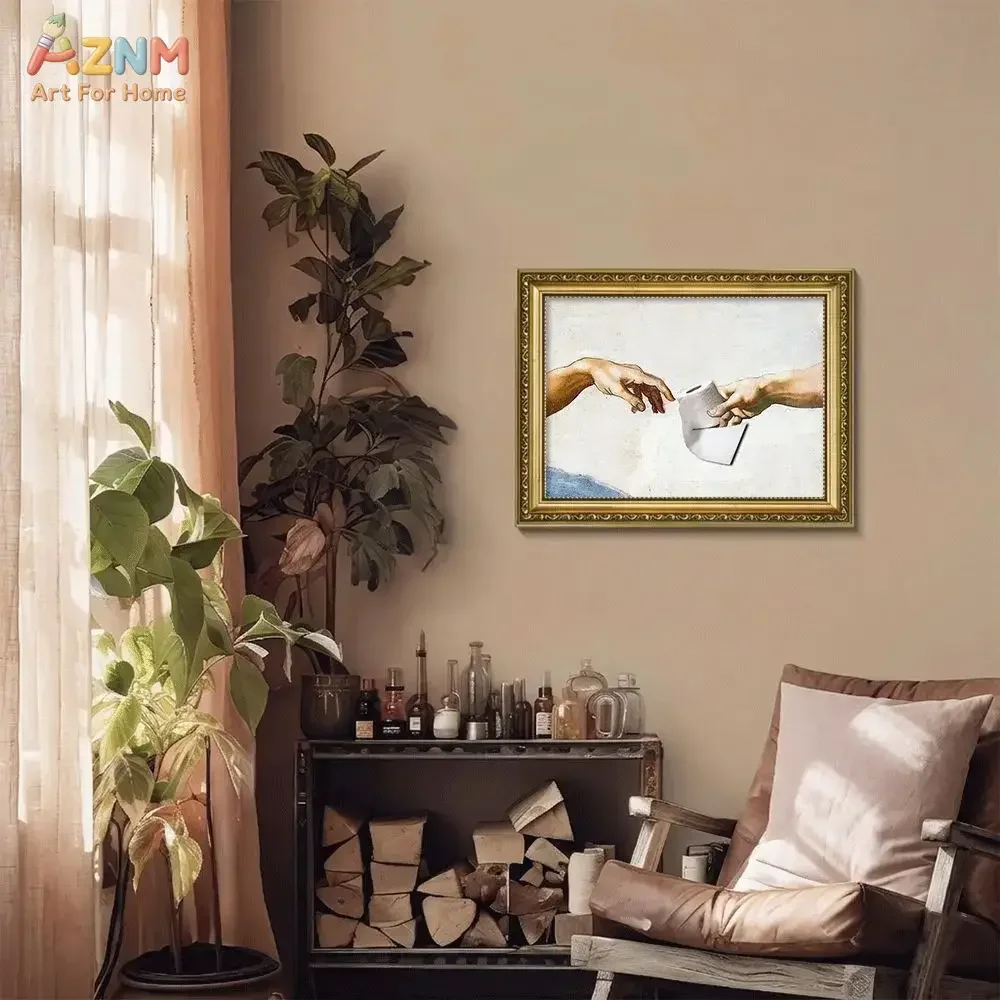 AZNM Funny Creation of Adam Parody Canvas Print, Toilet Paper Hands Art Unframed Canvas Painting, Bathroom Wall Decor Poster