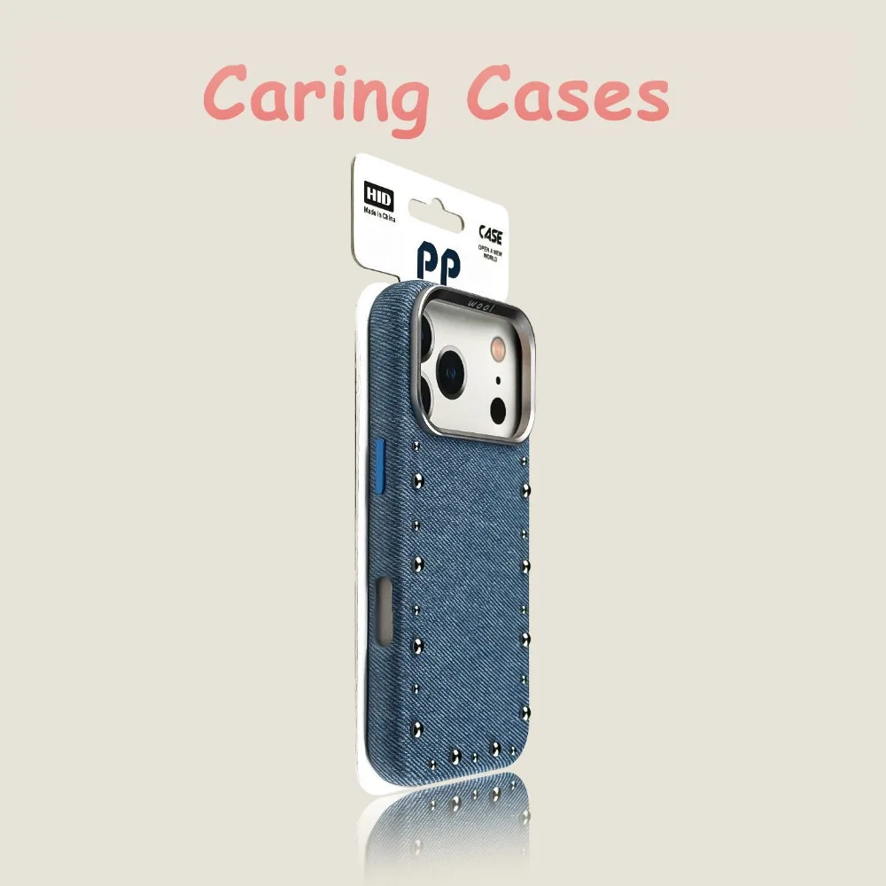 

For iPhone 17 Pro Max Case White Denim Rivet Punk Leather Luxury Anti-drop Premium Cover compatible with iphone 16 15