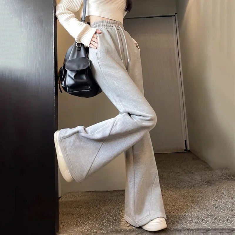 Lucyever Winter Thick Velvet Sweatpants Women Korean Fashion High Waist Flare Pants Woman Solid Lace Up Warm Wide Leg Trousers