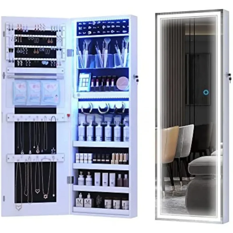 ewelry Mirror Cabinet, Wall/Door Mounted Jewelry Armoire Organizer with 3 color LED lights Full-Length