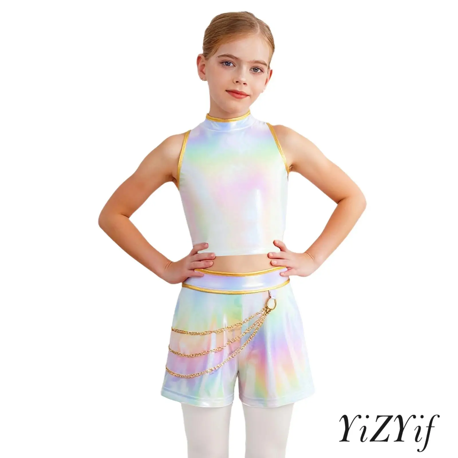 

Kids Girls Popular Singer Role Play Outfit Set Metallic Gloss Sleeveless Back Invisible Zipper Crop Top And Chain Side Shorts