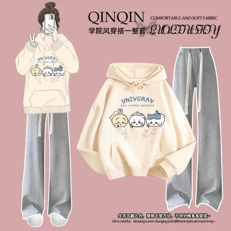 Chiikawa Kids Cotton Hooded Sweatshirt Set Hachiware Usagi Anime Casual Spring Autumn Unisex Hoodie Trousers 2Pcs Cute Girl Gift