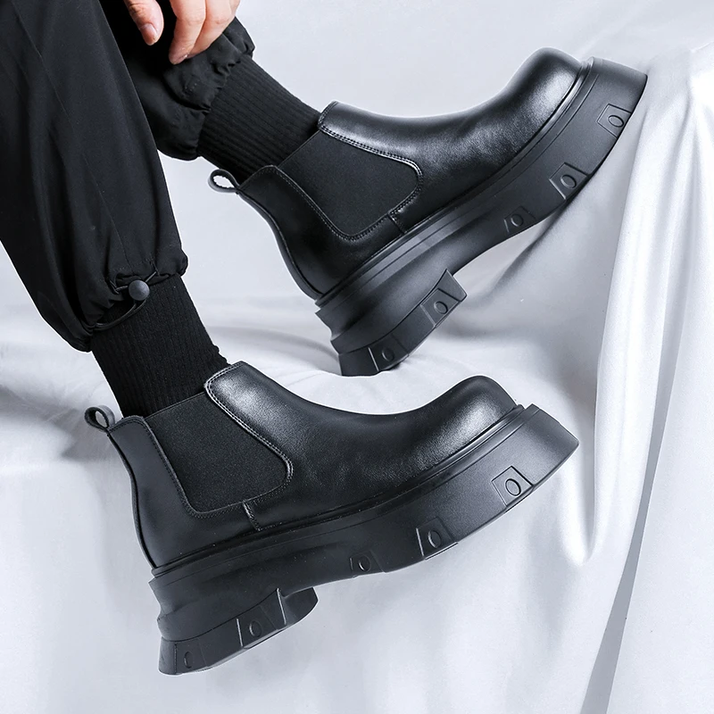 أحذية تشيلسي العصرية للرجال لزيادة الارتفاع أحذية رجال الأعمال باللون الأسود بنعل سميك أحذية عمل متينة أحذية اجتماعية بريطانية للرجال #6