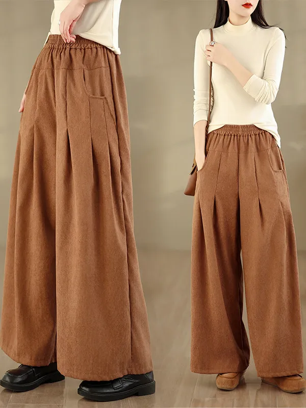 

High Waist Comfortable Simple Casual Corduroy Elastic Waist Wide Leg Pants plus Size Loose Fit Daily Wear Vintage Sle