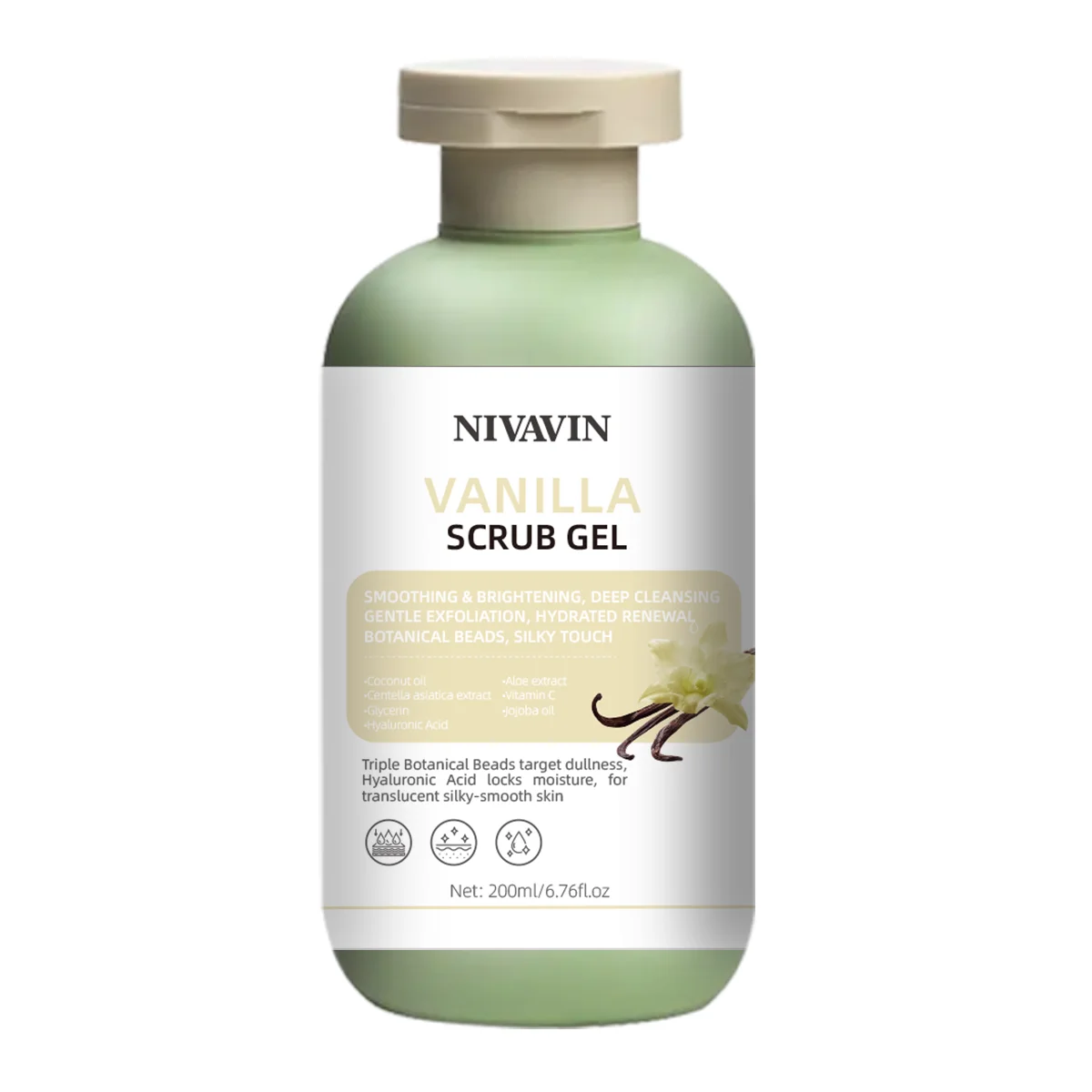 200ml Vanilla Scrub Gel is suitable for all skin types, gently removes dead skin, moisturizes and brightens the skin tone